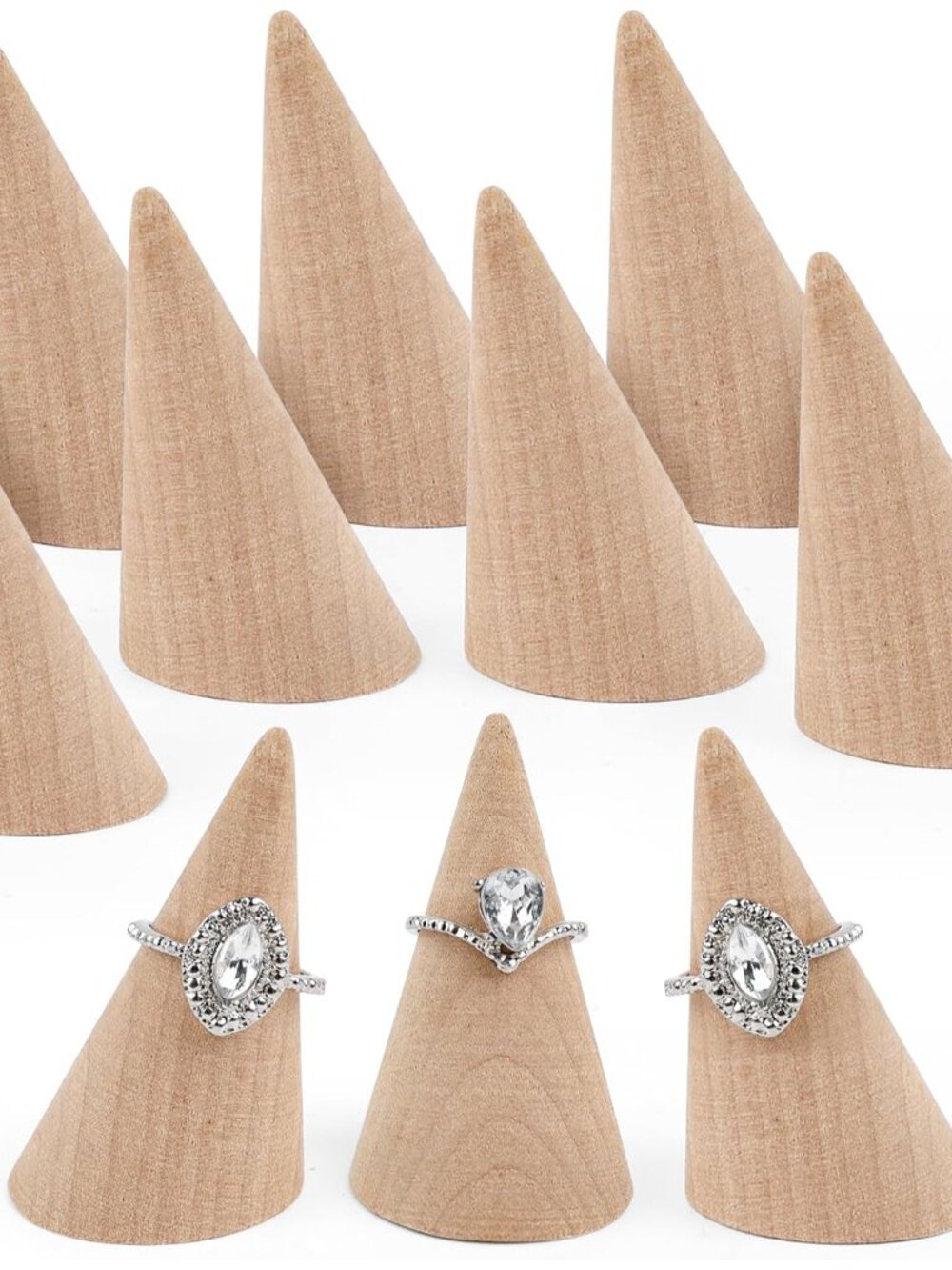 10 Pack Wood Cone Ring Display Stand, Natural holder Jewelry Displays Organizer